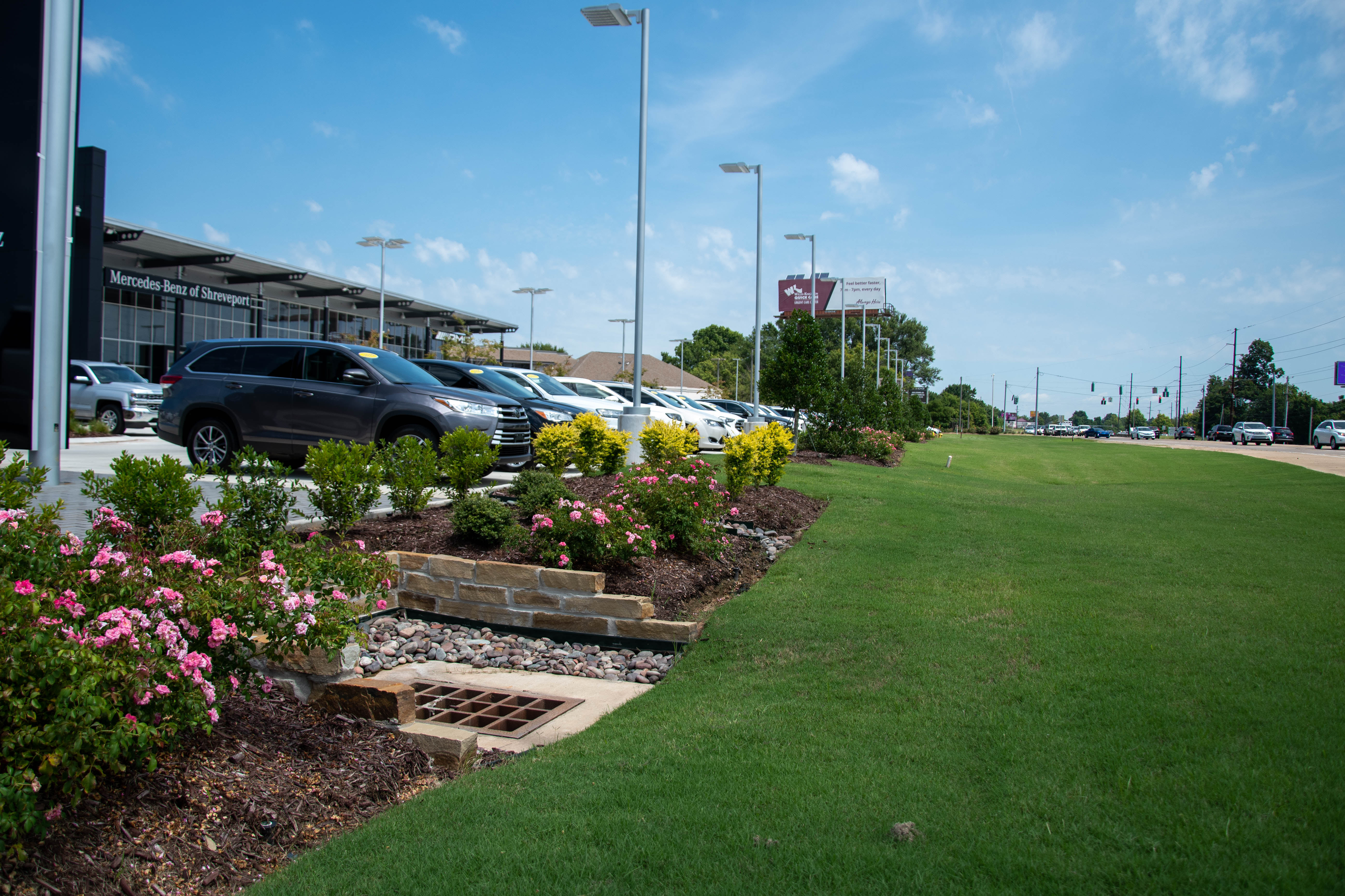 Lawn care in front of car dealership
